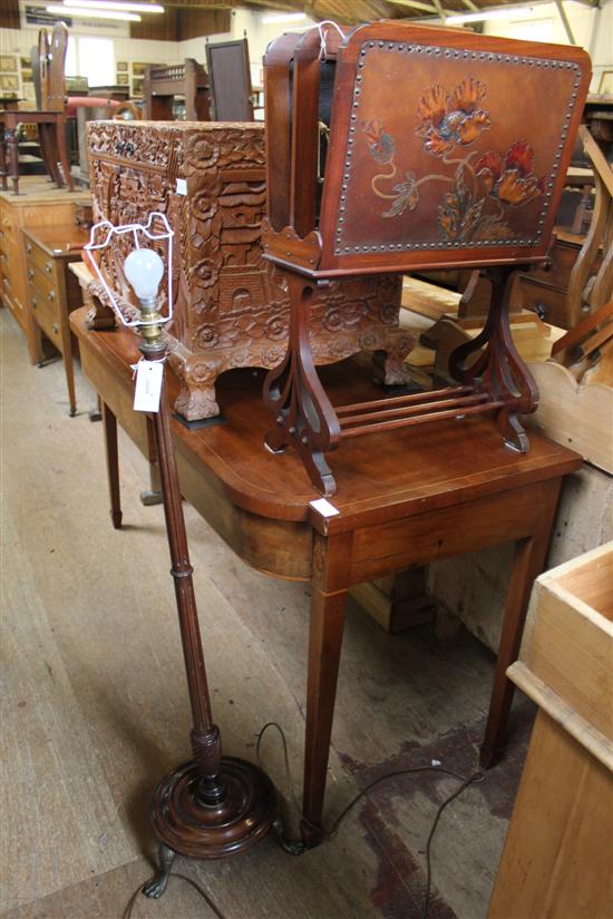 Turned and fluted mahogany colum on circular base & paw feet (modified as a standard lamp) & mag rack